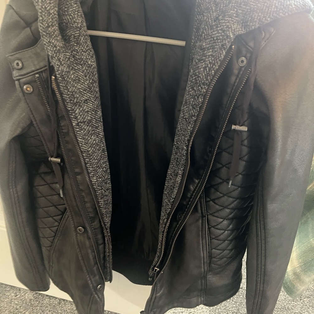 Black leather jacket with hood